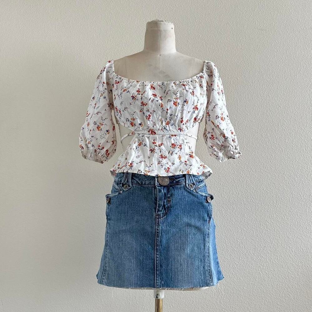 handmade linen blend white red yellow floral print milkmaid cropped blouse